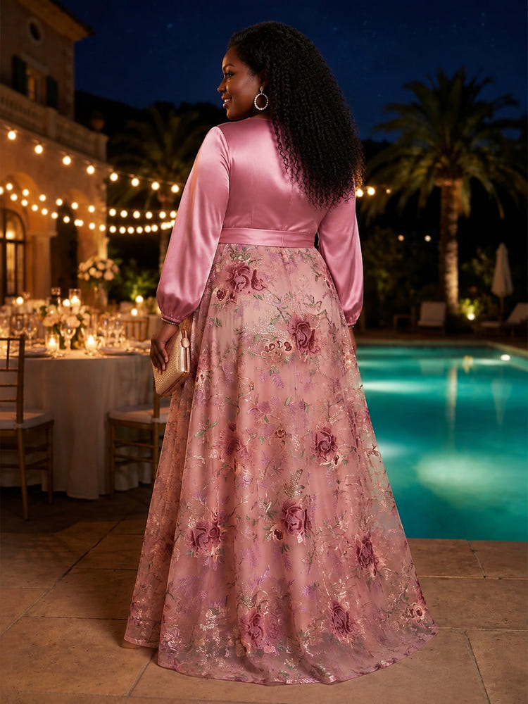 Tulle A-Line V Neck Plus Size Dresses with Exquisite 3D Rose Floral Embroidery