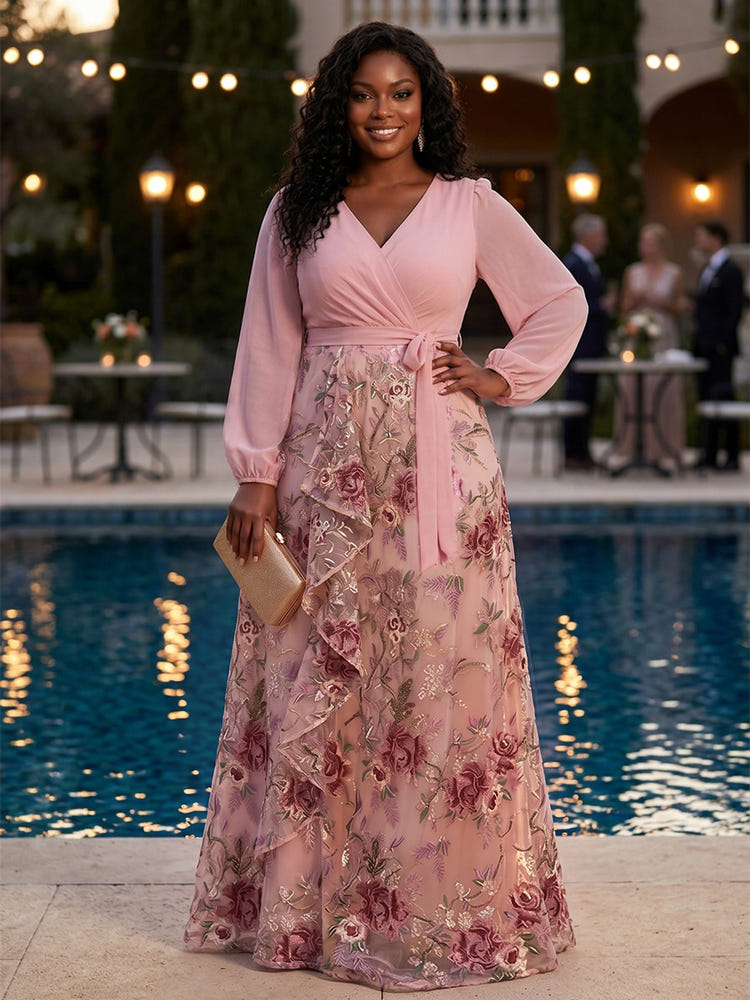 Tulle A-Line V Neck Plus Size Dresses with Exquisite 3D Rose Floral Embroidery
