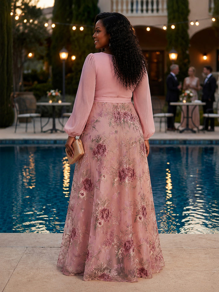 Tulle A-Line V Neck Plus Size Dresses with Exquisite 3D Rose Floral Embroidery