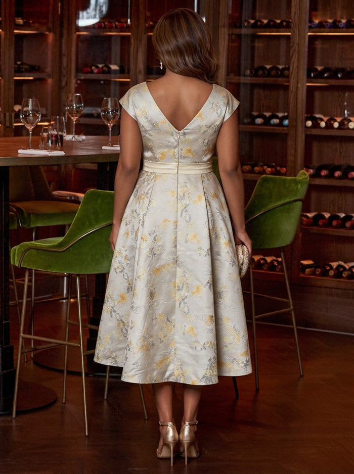 Jacquard A-Line V Neck Plus Size Dresses with 3D Flowers