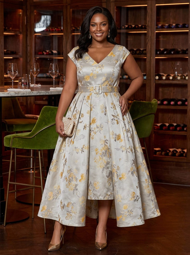 Jacquard A-Line V Neck Plus Size Dresses with Belt