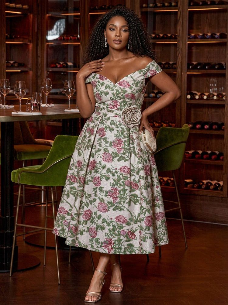 Jacquard A-Line Off Shoulder Plus Size Dresses with 3D Flowers