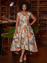 Jacquard A-Line V Neck Plus Size Dresses with Artistic Tropical Bird Allover Print