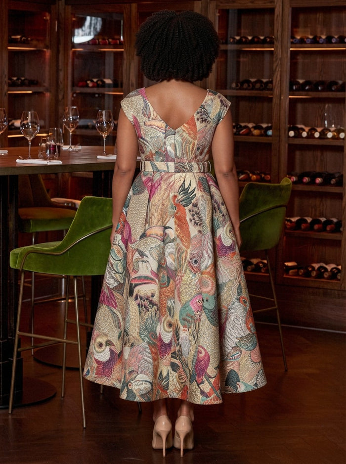 Jacquard A-Line V Neck Plus Size Dresses with Artistic Tropical Bird Allover Print