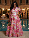 Jacquard A-Line Stand Collar Maxi Plus Size Dresses with Floral