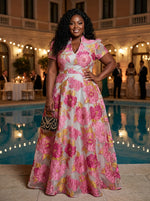 Jacquard A-Line Stand Collar Maxi Plus Size Dresses with Floral