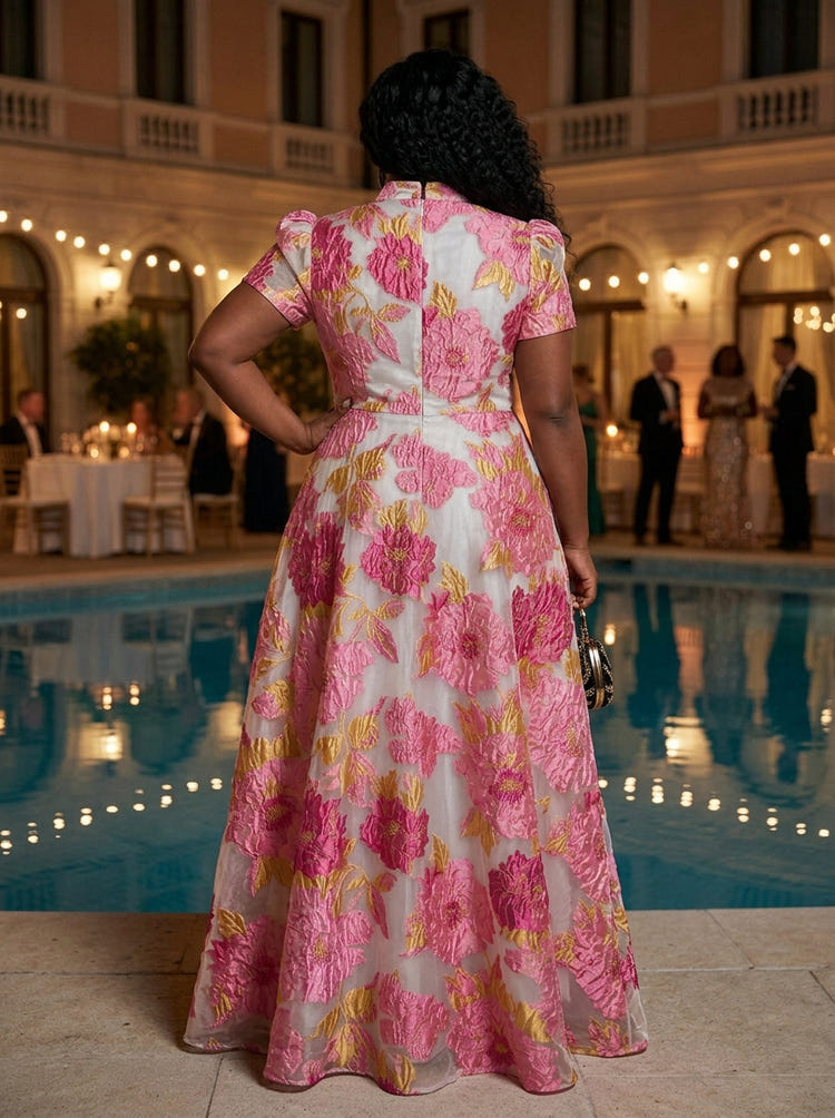 Jacquard A-Line Stand Collar Maxi Plus Size Dresses with Floral