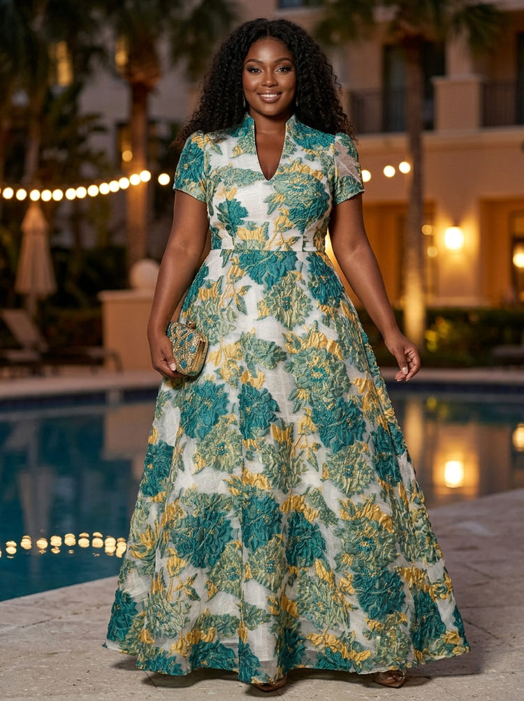 Jacquard A-Line Stand Collar Maxi Plus Size Dresses with Floral