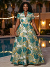 Jacquard A-Line Stand Collar Maxi Plus Size Dresses with Floral