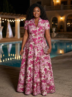 Jacquard A-Line Stand Collar Maxi Plus Size Dresses with Floral