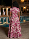 Jacquard A-Line Stand Collar Maxi Plus Size Dresses with Floral