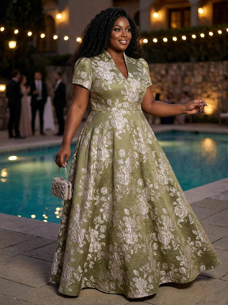Jacquard A-Line Stand Collar Maxi Plus Size Dresses with Floral