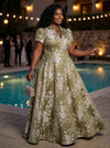 Jacquard A-Line Stand Collar Maxi Plus Size Dresses with Floral