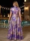 Jacquard A-Line Stand Collar Maxi Plus Size Dresses with Floral
