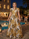 Jacquard A-Line Stand Collar Maxi Plus Size Dresses with Floral