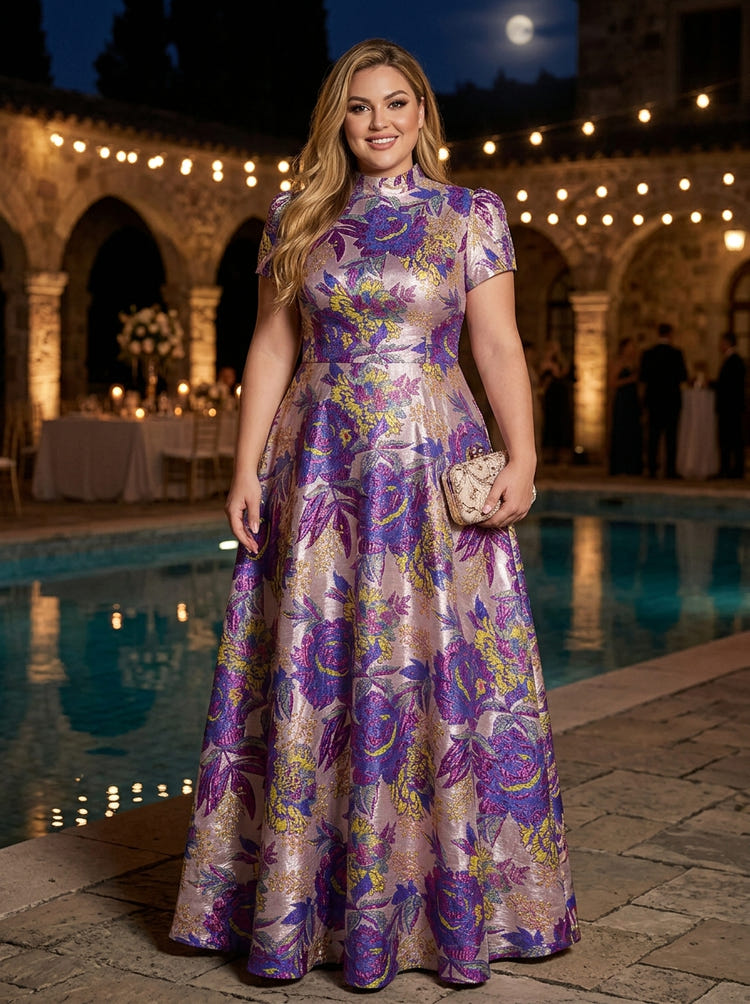Jacquard A-Line High Neck Maxi Plus Size Dresses with Floral