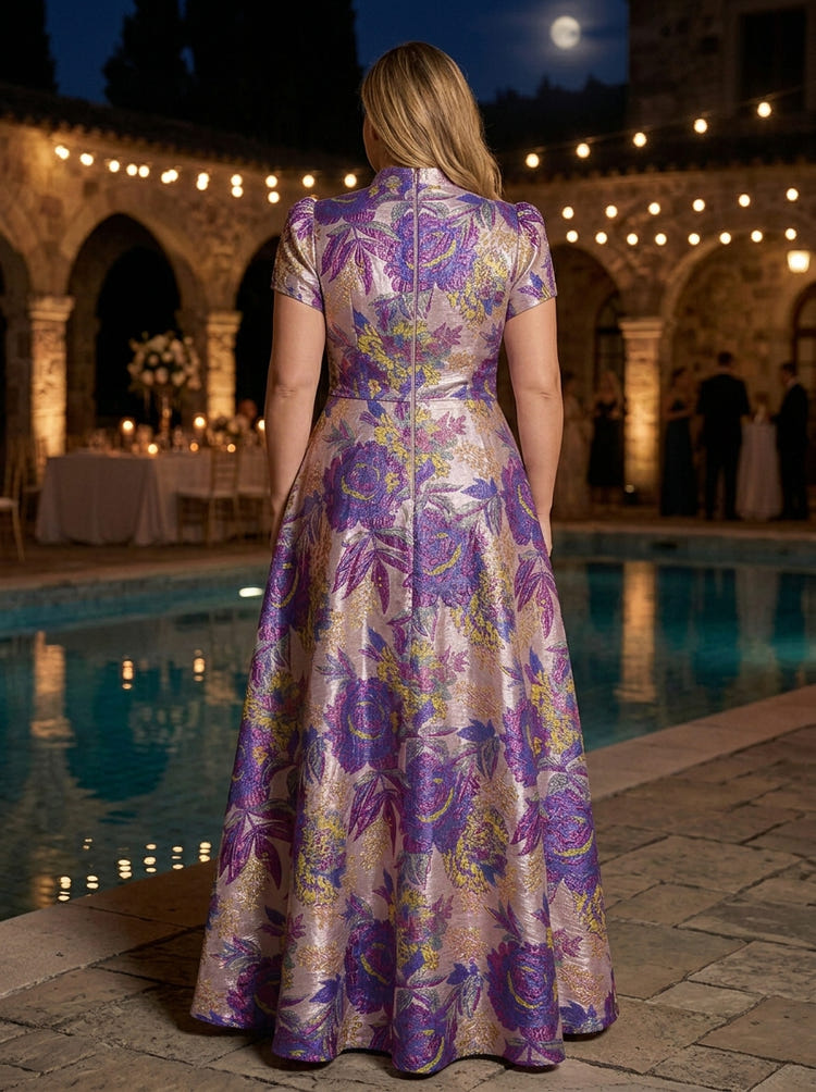 Jacquard A-Line High Neck Maxi Plus Size Dresses with Floral