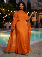 Chiffon Sheath Boat Neck Maxi Plus Size Dresses with Sheer Chiffon Flowing Cape