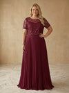 Chiffon A-Line Crew Neck Maxi Plus Size Dresses with Leaf Sequin Embroidery