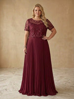 Chiffon A-Line Crew Neck Maxi Plus Size Dresses with Leaf Sequin Embroidery