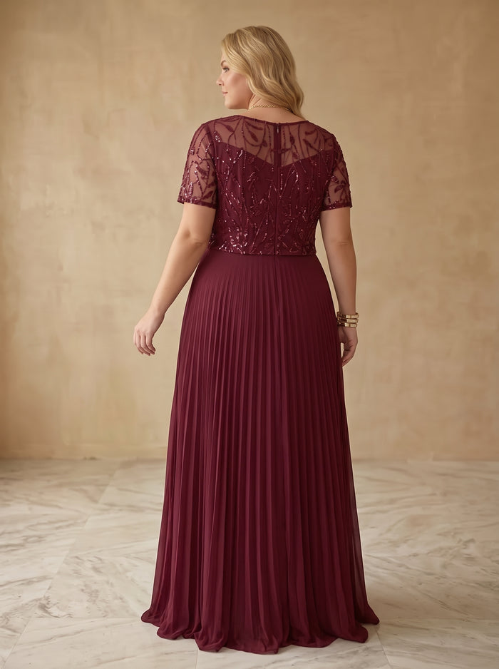 Chiffon A-Line Crew Neck Maxi Plus Size Dresses with Leaf Sequin Embroidery