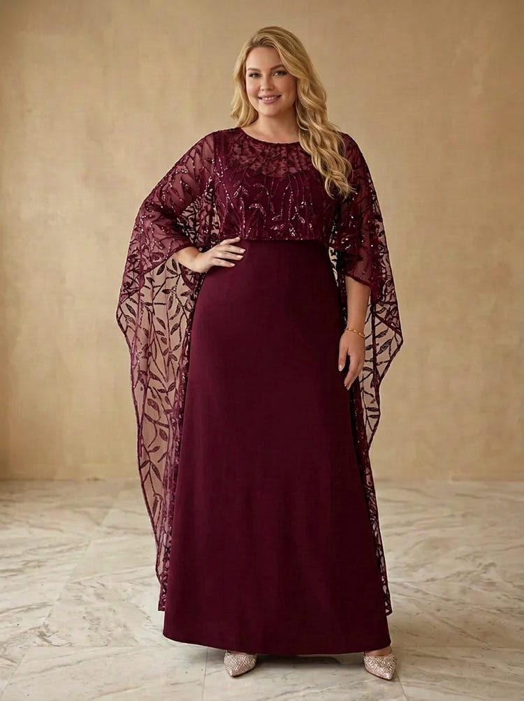 Jersey A-Line Crew Neck Maxi Plus Size Dresses with Caps