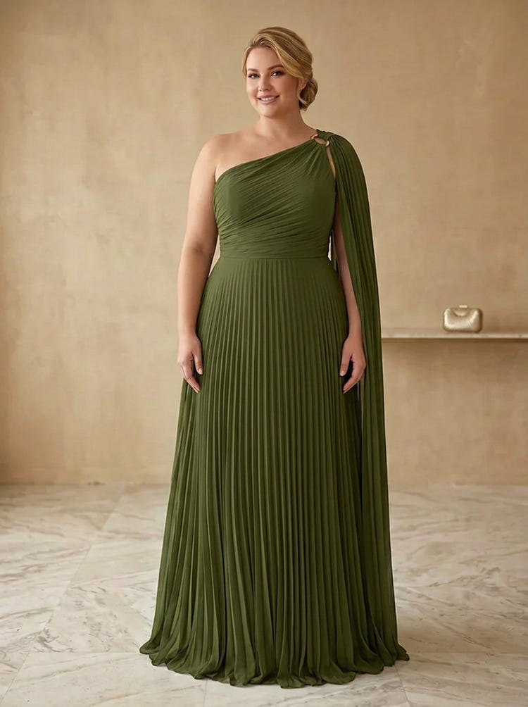 Chiffon A-Line One Shoulder Maxi Plus Size Dresses with Draped Side Sash