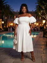 Cotton A-Line Off Shoulder Midi Plus Size Dresses with Ruched