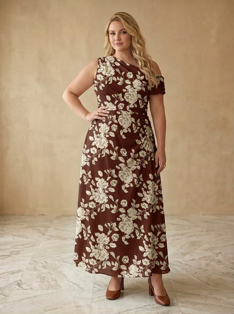 Chiffon A-Line One Shoulder Maxi Plus Size Dresses with Floral Print