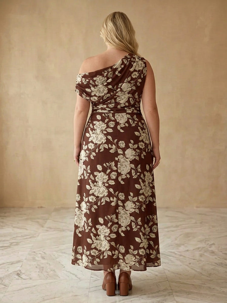 Chiffon A-Line One Shoulder Maxi Plus Size Dresses with Floral Print