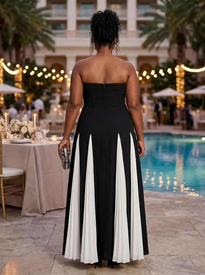 Chiffon A-Line Strapless Maxi Plus Size Dresses with Delicate Pleated
