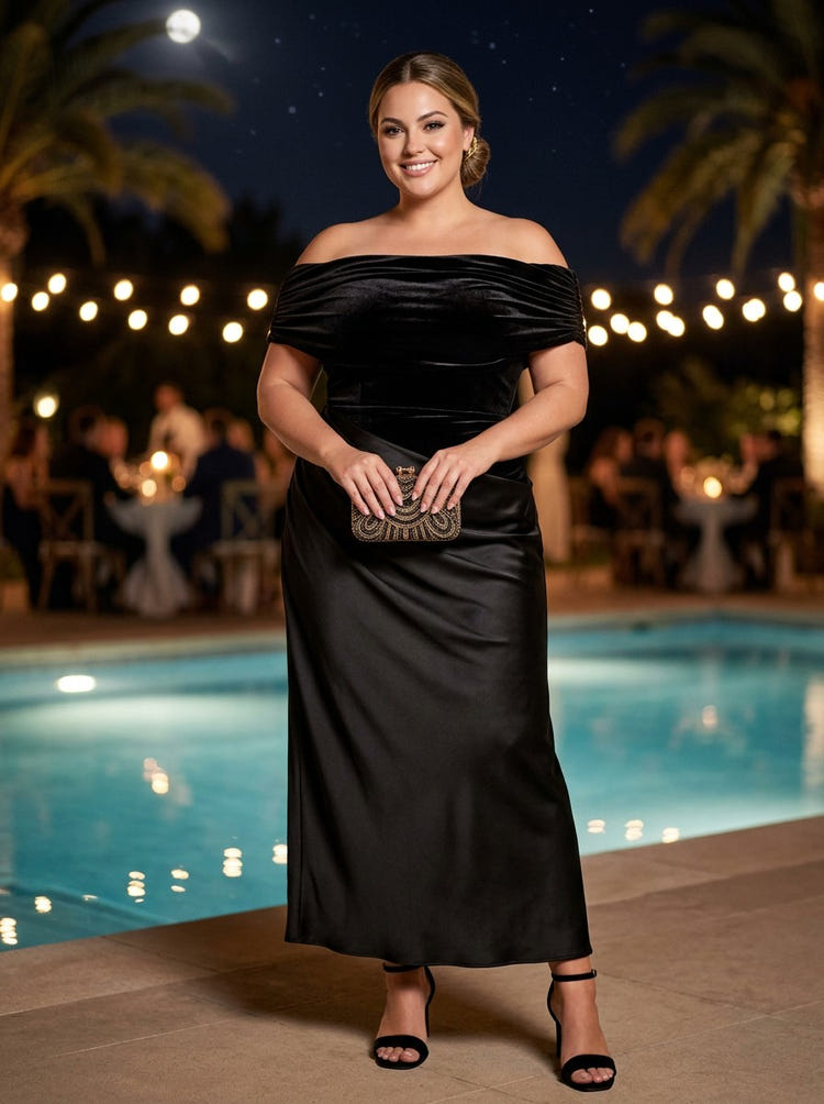 Velvet Sheath Off Shoulder Maxi Plus Size Dresses with Ruched