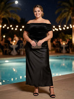 Velvet Sheath Off Shoulder Maxi Plus Size Dresses with Ruched