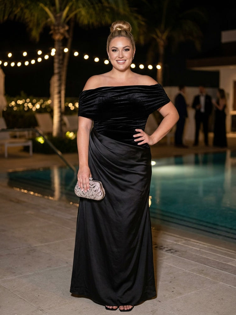 Velvet Sheath Off Shoulder Maxi Plus Size Dresses with Ruched