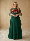 Chiffon A-Line Crew Neck Maxi Plus Size Dresses with Floral Embroidery