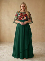 Chiffon A-Line Crew Neck Maxi Plus Size Dresses with Floral Embroidery