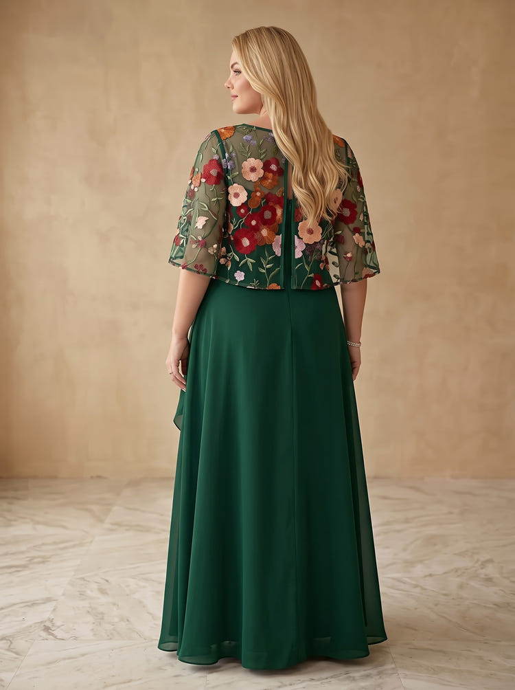 Chiffon A-Line Crew Neck Maxi Plus Size Dresses with Floral Embroidery