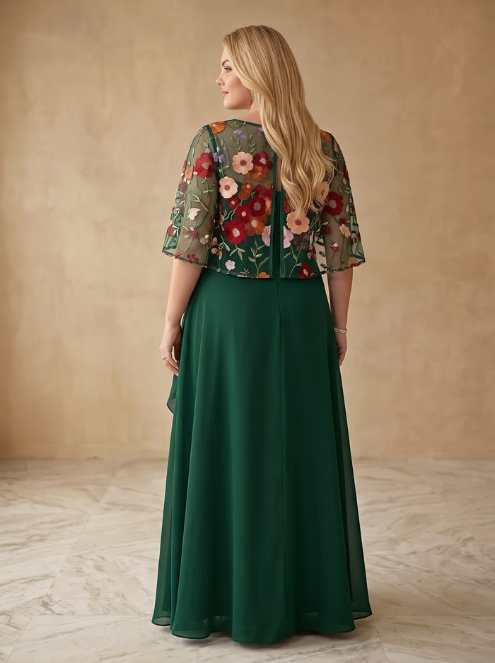 Chiffon A-Line Crew Neck Maxi Plus Size Dresses with Floral Embroidery