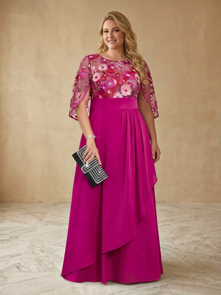 Chiffon A-Line Crew Neck Maxi Plus Size Dresses with Floral Embroidery