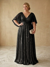 Sequin A-Line V Neck Maxi Plus Size Dresses with Pleated