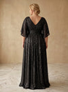 Sequin A-Line V Neck Maxi Plus Size Dresses with Pleated