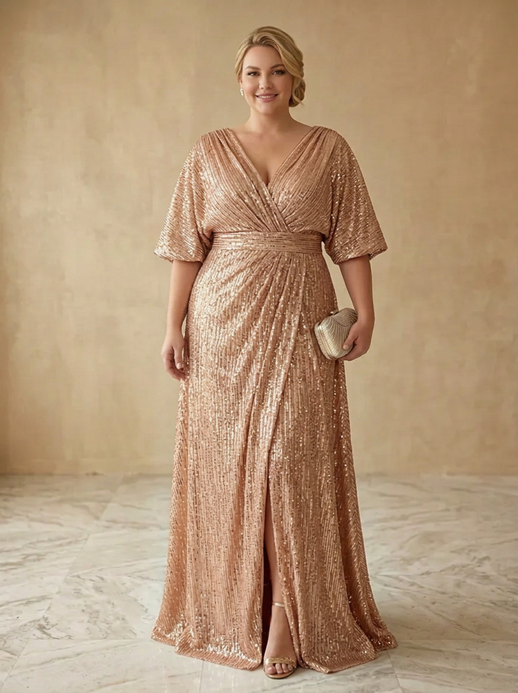 Sequin A-Line V Neck Maxi Plus Size Dresses with Slit