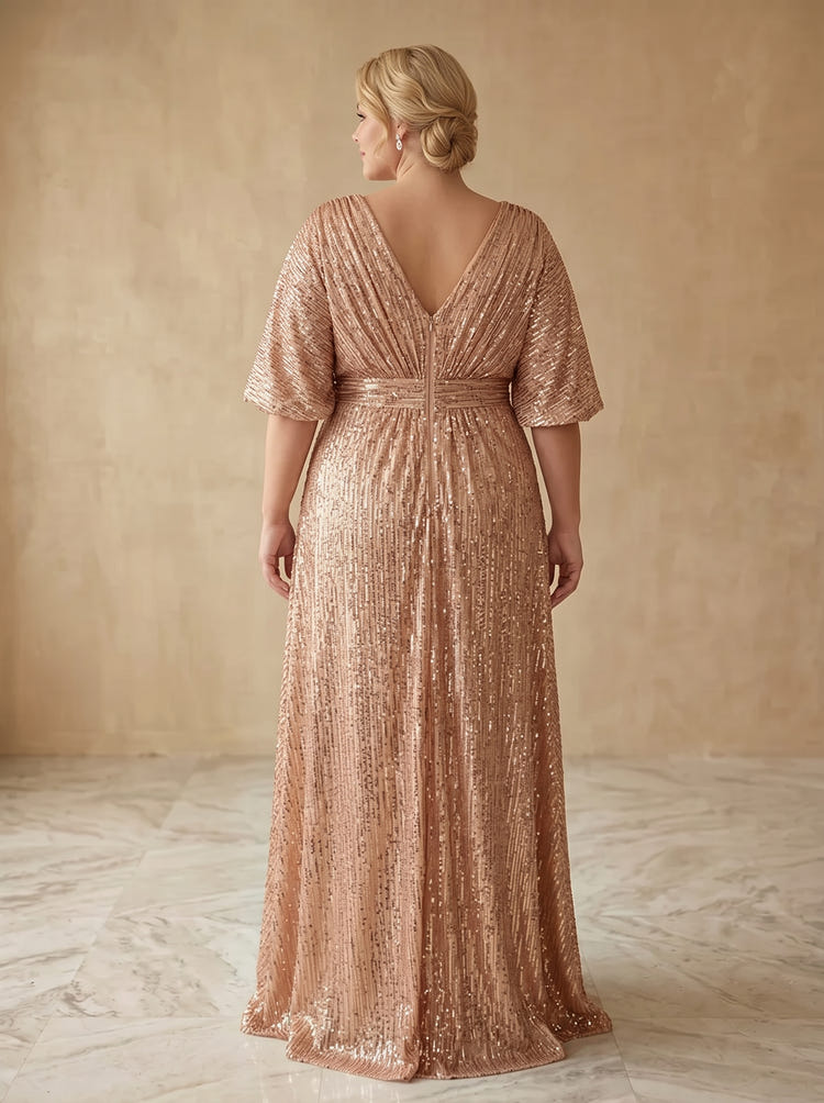 Sequin A-Line V Neck Maxi Plus Size Dresses with Slit
