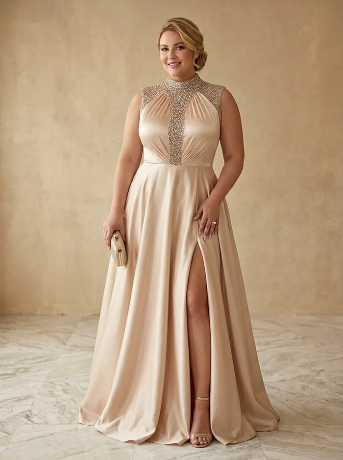 Satin A-Line High Neck Maxi Plus Size Dresses with Sequin