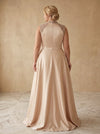 Satin A-Line High Neck Maxi Plus Size Dresses with Sequin