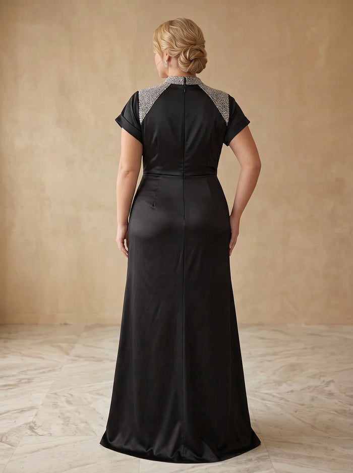 Satin Mermaid High Neck Maxi Plus Size Dresses with Starburst Beaded Embroidery