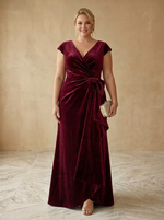 Velvet A-Line V Neck Maxi Plus Size Dresses with Waist Twist Draped