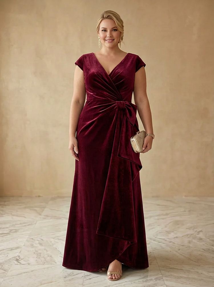 Velvet A-Line V Neck Maxi Plus Size Dresses with Waist Twist Draped