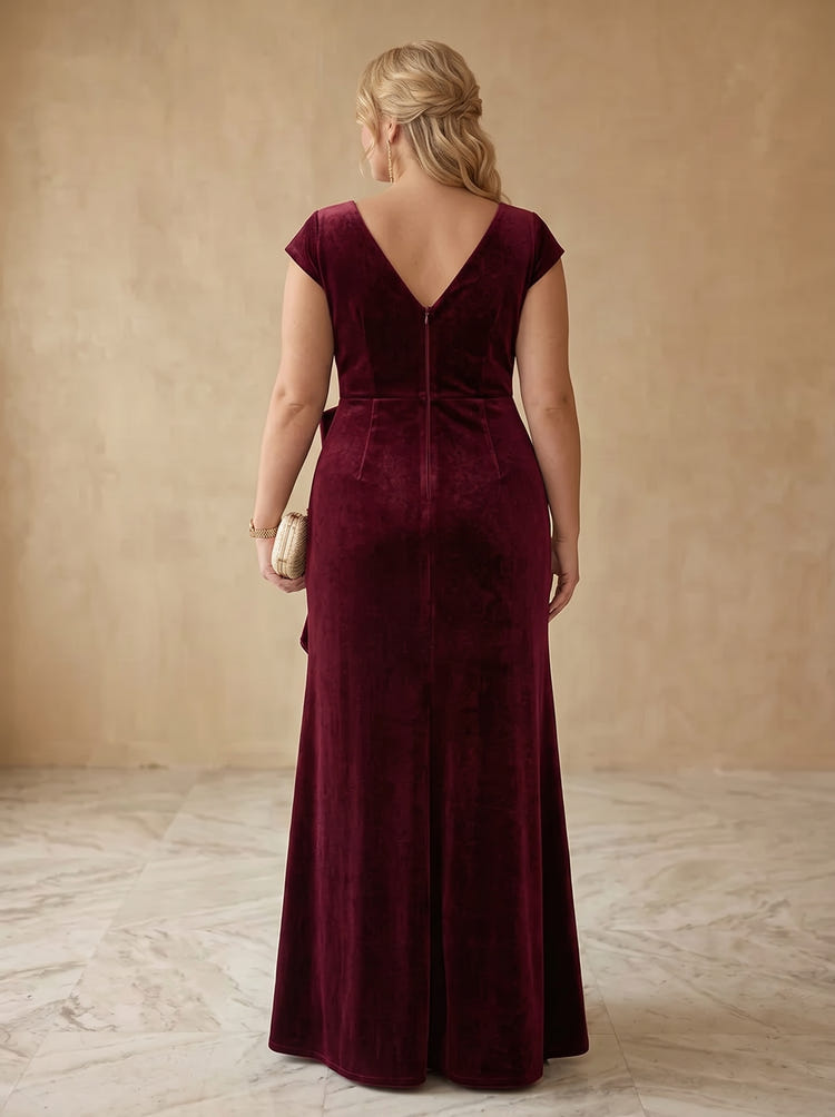 Velvet A-Line V Neck Maxi Plus Size Dresses with Waist Twist Draped