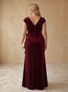 Velvet A-Line V Neck Maxi Plus Size Dresses with Waist Twist Draped